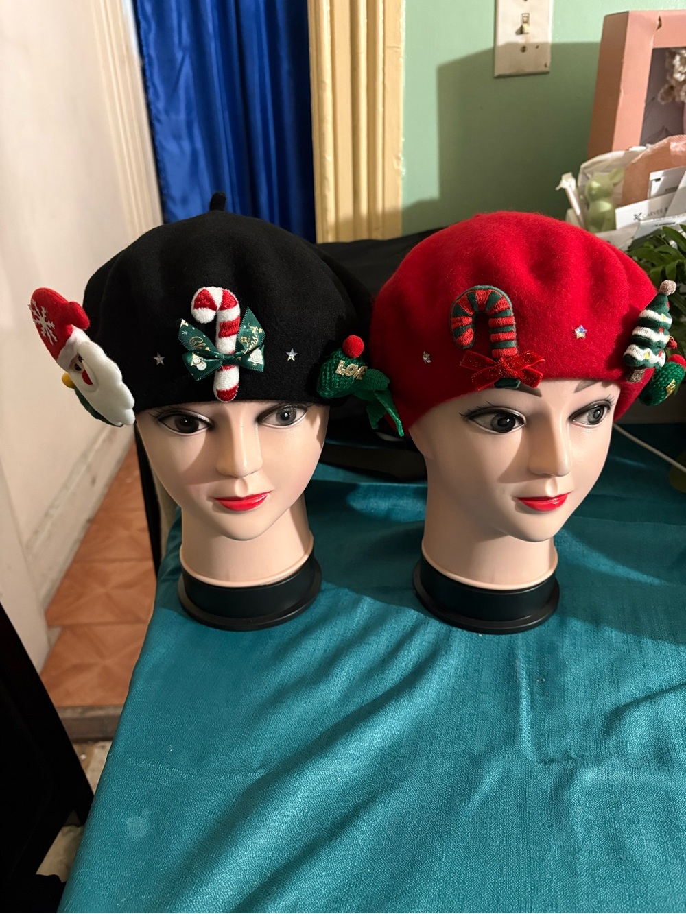 Holiday Candy-Cane Beret - Red or Black